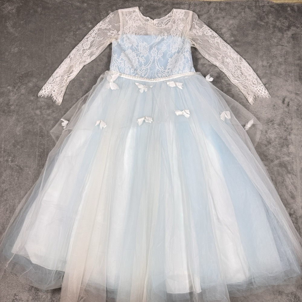 Girls Frozen Inspired Blue Lace Tulle Princess Dress Size 8 9 Long Sleeve